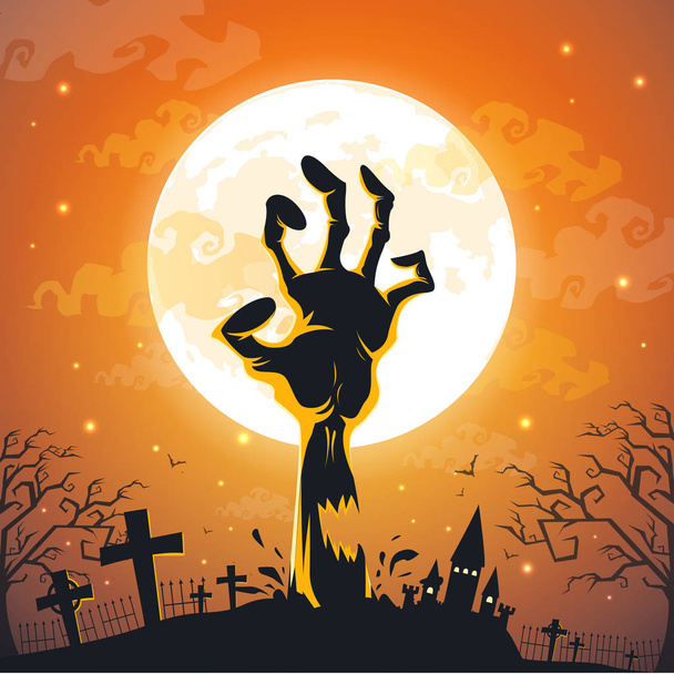 Halloween háttér zombi kéz-a telihold. - Vektor, kép