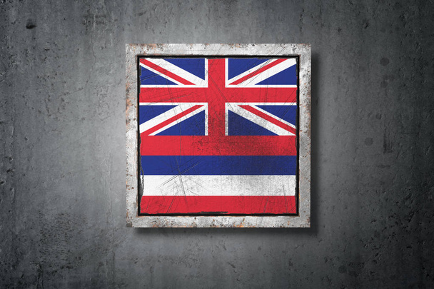 3D-weergave van een oude vlag van Hawaï Amerikaanse in een betonnen muur - Foto, afbeelding