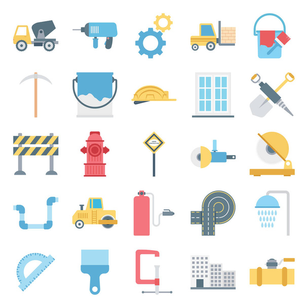 Stavební izolované vektorové ikony Set skládat kamion, horník, zeď, nástroje, bariéry, kužel, doprava, budovy a cihel,  - Vektor, obrázek