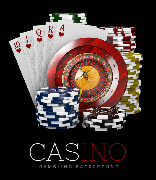 Roulette zseton és póker kártya, kaszinó koncepció, 3D-s illusztráció kaszinó játékok elemeit - Fotó, kép