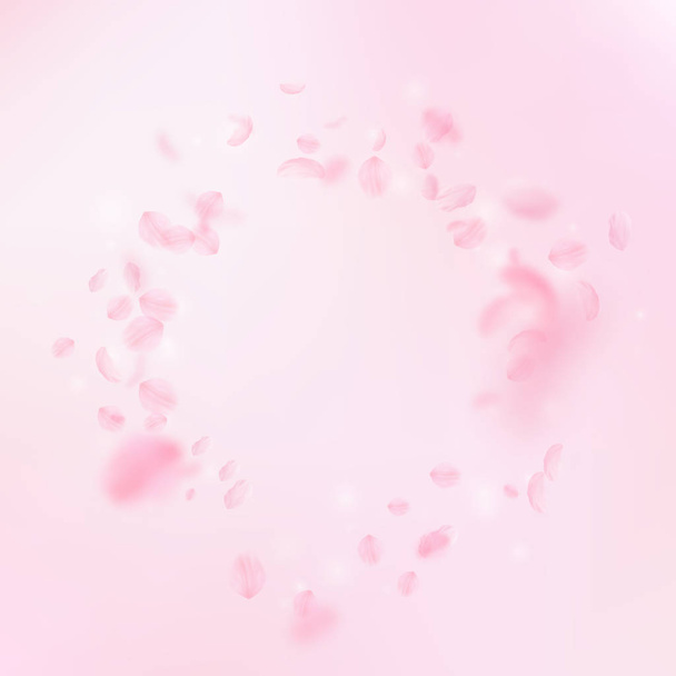 Pétalos Sakura cayendo. Romántica viñeta de flores rosadas. Pétalos voladores sobre fondo cuadrado rosa
. - Vector, imagen