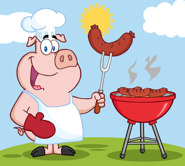 Schweineköche kochen beim Grillen auf einem Hügel - Foto, Bild