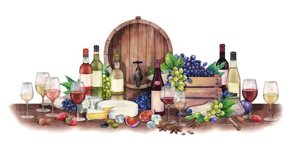 Vesiväri viini lasi ja pullo koristeltu herkullista ruokaa
 - Valokuva, kuva