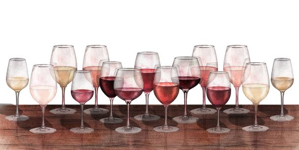 Акварельный ряд красных, белых и розовых бокалов вина на белом фоне
 - Фото, изображение
