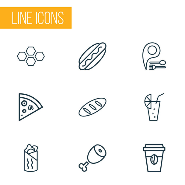 Comer iconos de línea de estilo conjunto con limonada, carne, shawarma y otros elementos de pan. Ilustración vectorial aislada comiendo iconos
. - Vector, imagen