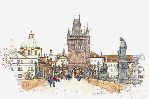 Illustration Karlsbrücke in Prag in der Tschechischen Republik - Foto, Bild