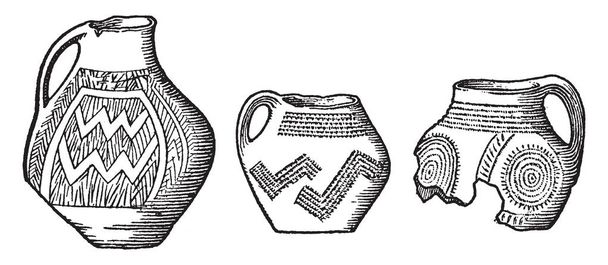Idade Neolítica Cerâmica de habitação lago, não é desenhado à escala, desenho de linha vintage ou gravura ilustração
. - Vetor, Imagem