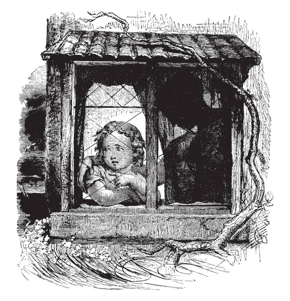 Enfant dans la fenêtre est montré placé sur l'épaule de l'enfant, il se tient sur les fenêtres et les murs extérieurs qui était économique et largement utilisé dans l'ancienne, dessin de ligne vintage ou illustration de gravure
. - Vecteur, image