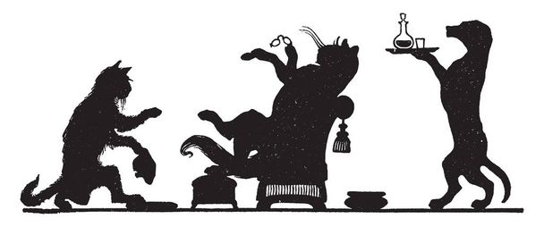 Retired Cat, this scene shows silhouettes of cat resting on chair, and dog carrying jar and glass in tray, and one cat sitting in front of resting cat,  vintage line drawing or engraving illustration - Vector, Image