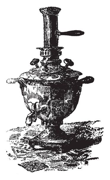 Samovar on uurna pidetään pöydässä lämmittää ja keittää vettä Venäjällä yleisesti käytetty tekemään teetä, vintage linja piirustus tai kaiverrus kuva
. - Vektori, kuva