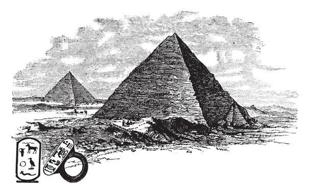 Pyramiden ist ein Gebäude, Oberflächen sind dreieckig, konvergieren an einem Punkt, viereckig, trilateral, Vintage-Linienzeichnung oder Gravurillustration. - Vektor, Bild