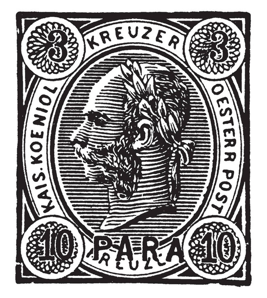 Tento obrázek představuje Rakousko 3 Kreuzer 10 Para razítka v roce 1890, vintage kreslení čar nebo gravírování obrázku. - Vektor, obrázek