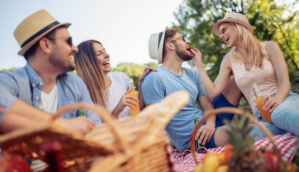 Felices jóvenes amigos haciendo picnic en el parque
. - Foto, imagen