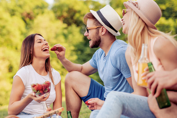 Happy mladí přátelé mají piknik v parku. - Fotografie, Obrázek