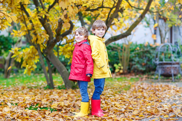 Two little best friends and kids boys autumn park in colorful cl - Photo, Image