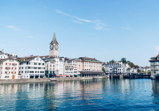 Zurich city center with famous Fraumunster and Grossmunster Churches and river Limmat at Zurich Lake - Photo, Image