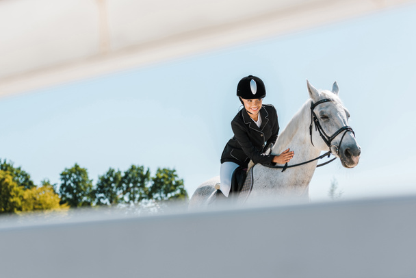 Zobrazit přes plot na atraktivní ženské jezdeckých koních a palming koně koně klubu - Fotografie, Obrázek