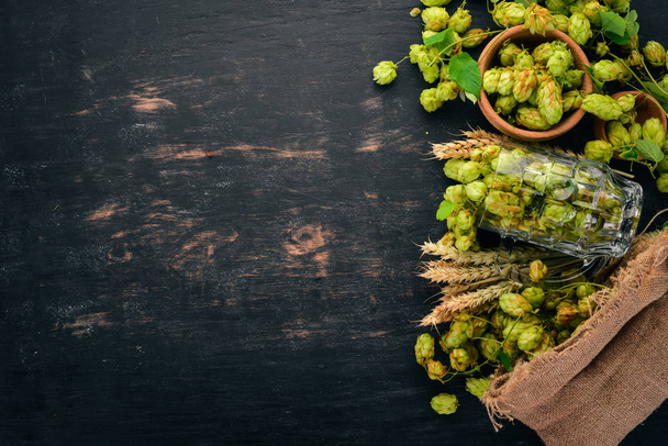 Hops and wheat. On a black wooden table. Free space for text. Top view. - Foto, Bild