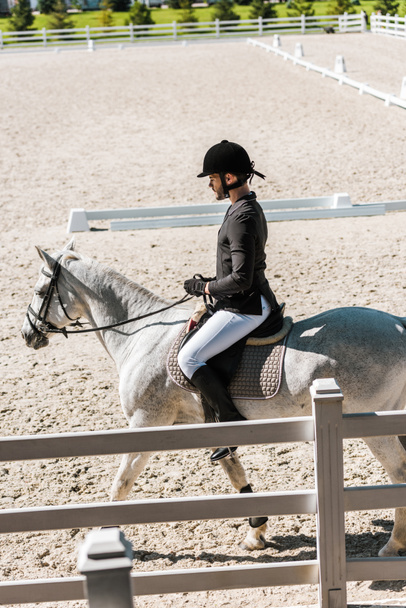 vista lateral de hombre guapo ecuestre en casco de montar a caballo, chaqueta negra y calzones blancos a caballo en el club de caballos
 - Foto, imagen