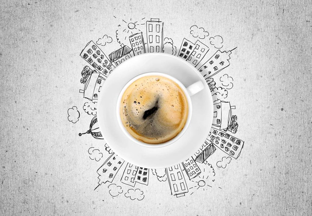 Xícara de café e conceito de cidade moderna
 - Foto, Imagem