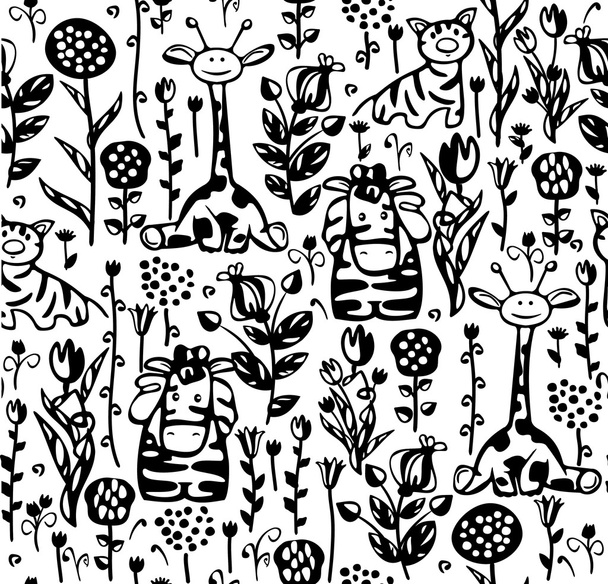 Seamless cute pattern of flora and fauna - Vector, Image