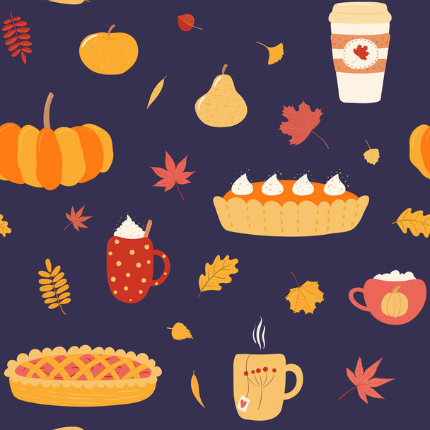 Seamless repeat pattern with pies, mugs, pumpkin, leaves, apples on blue background. Hand drawn vector illustration. Flat style design. Concept for autumn textile print - Vector, Image
