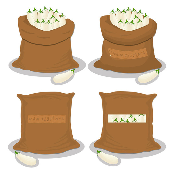 Logo d'illustration vectorielle pour sacs remplis d'aubergines blanches de légumes entiers, stockage dans des sacs. Aubergine composée d'aliments mûrs, produit cru sur sac ouvert. Aubergine savoureuse de sac écologique, sac complet
 - Vecteur, image