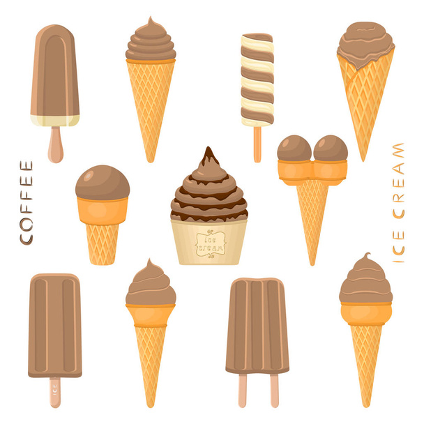 棒、紙ボウル、ウェーハ コーンの自然なコーヒー アイス クリームのベクトル図です。甘く冷たいアイス キャンデーから成るアイス クリームは、おいしい冷凍デザートを設定します。フルーツ アイス コーヒーから - ベクター画像