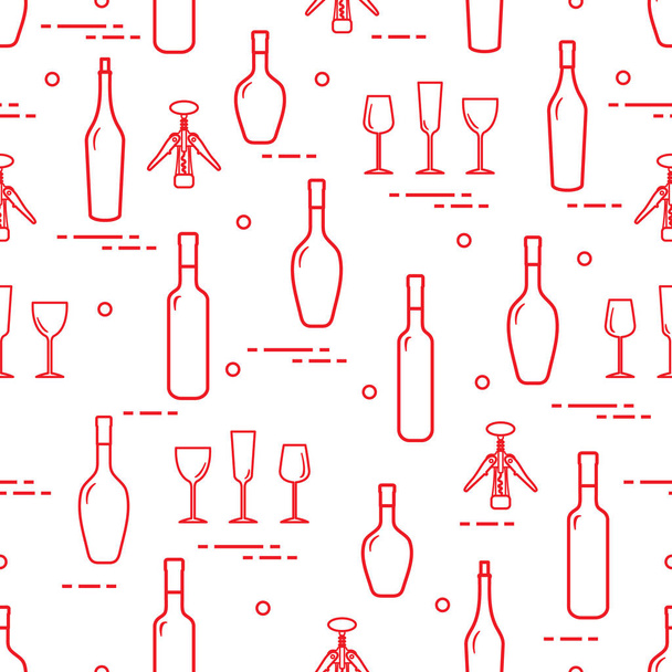 Seamless pattern of wine glasses, corkscrew, bottles of wine. Wine-making. Tasting. Sommelier. - Vector, afbeelding