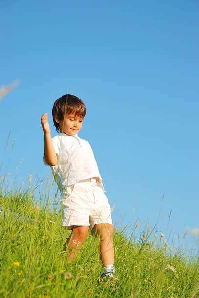 Happy unforgetable childhood on green meadow against blue sky - Фото, зображення