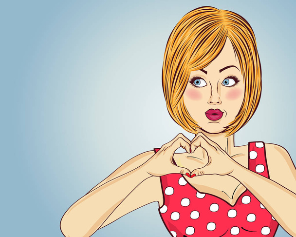 Blonde pop art woman making heart sign with hands. Comic woman . Pin up girl. Positive human emotion. Vector format - Vector, Image