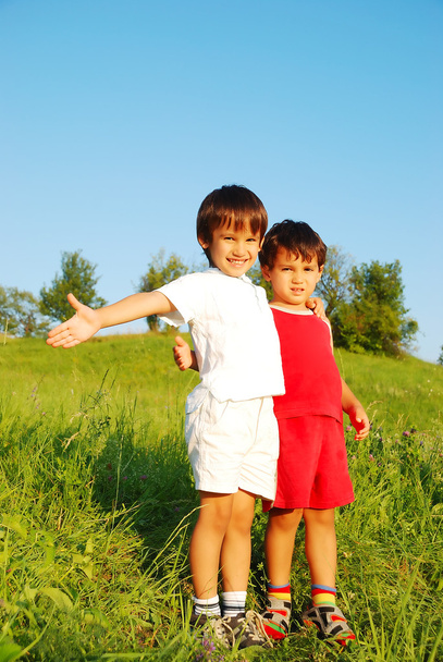 malé roztomilé děti na krásné zelené louce - Fotografie, Obrázek