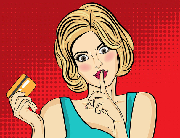 Schöne blonde Frau im Pop-Art-Stil mit Kreditkarte zeigt Hand Schweigezeichen. Vektorillustration - Vektor, Bild