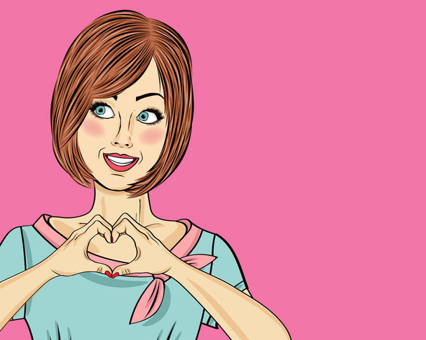 Pop art woman making heart sign with hands. Comic woman . Pin up girl. Positive human emotion. Vector format - Vector, Image