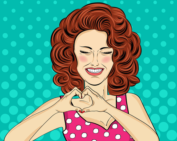 Pop art woman making heart sign with hands. Comic woman . Pin up girl. Positive human emotion. Vector format - Vector, Image