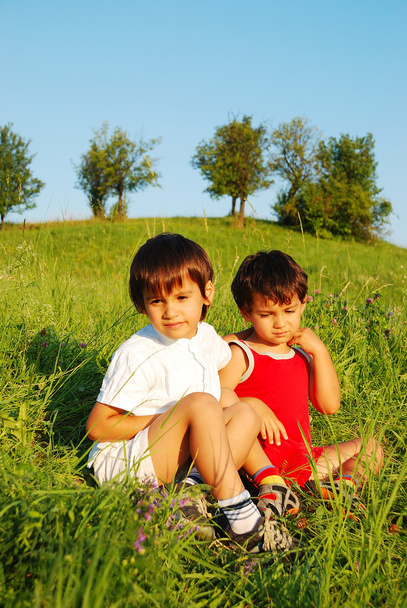 Little cute children on beautiful green field - Фото, изображение
