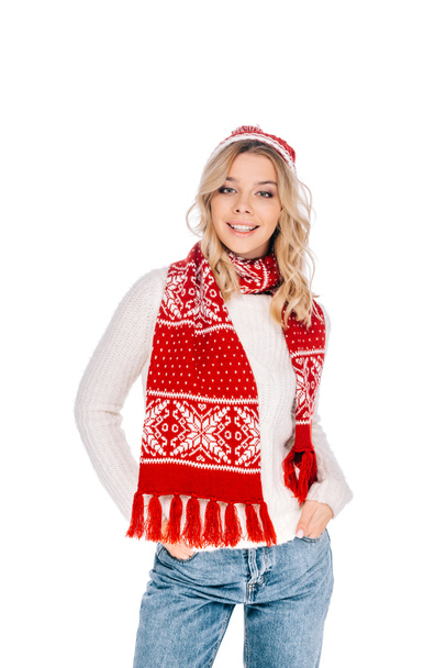 beautiful happy young woman in scarf and hat smiling at camera isolated on white  - Zdjęcie, obraz