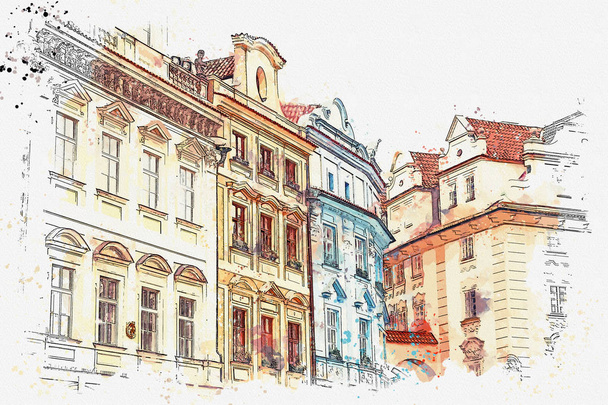illustratie. Traditionele oude architectuur in Praag. - Foto, afbeelding