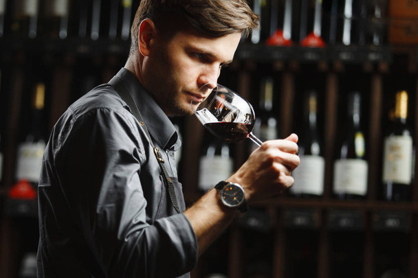 Bokal of red wine on background, male sommelier appreciating drink - Фото, изображение