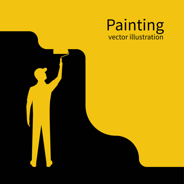 Painter paints wall silhouette - Vektor, Bild