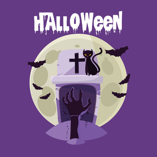 Halloween-kaart met kerkhof graf - Vector, afbeelding