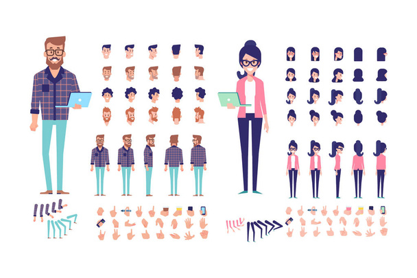 Front, side, back, 3/4 view animated characters. Young people creation set with various views, hairstyles and gestures. Cartoon style, flat vector illustration. - Vector, Image