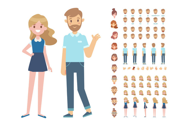 Front oldalsó, hát, 3/4 kilátás animált karakterek. Férfi és nő létrehozása különböző nézetek, frizurák és gesztusok. Rajzfilm stílusú, lapos vektoros illusztráció. - Vektor, kép