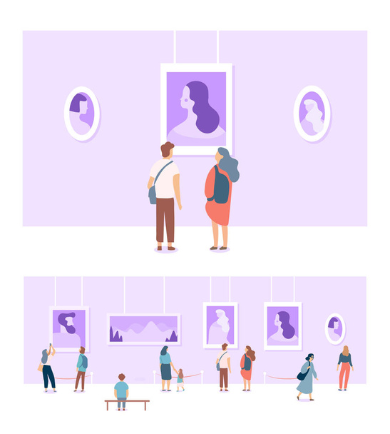 Art gallery. People looking at paintings at exhibition. Flat style vector illustration.  - Vector, Image