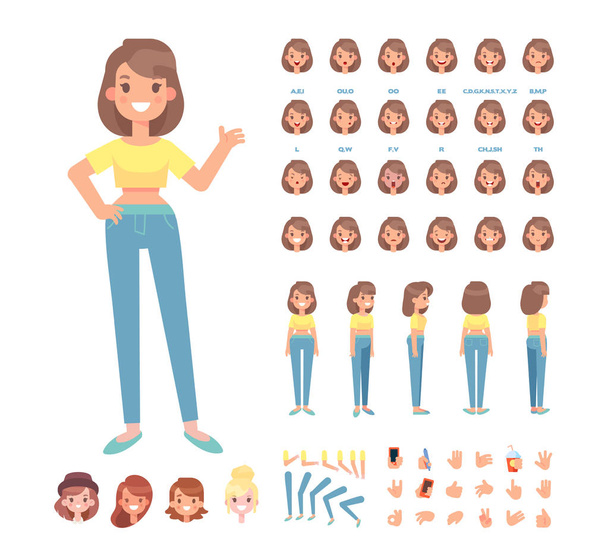 Front, side, back, 3/4 view animated character. Young girl character constructor with various views, face emotions, lip sync, poses and gestures. Cartoon style, flat vector illustration. - Vector, Image