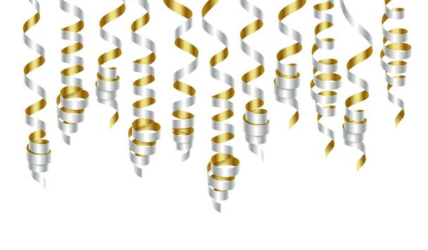 Decoraciones de fiesta serpentinas doradas y plateadas o cintas de fiesta rizadas. Ilustración vectorial
 - Vector, imagen