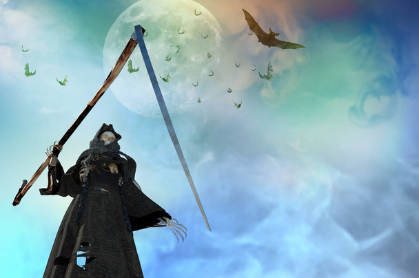 death in the hood, grim Reaper standing 3D render - Zdjęcie, obraz
