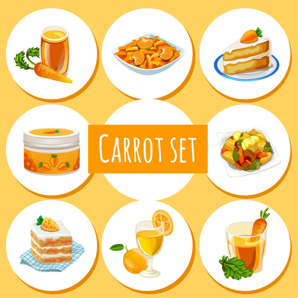 Set of wholesome organic natural foods made of carrots. Attribute of healthy eating fitness menu. Sketch for holiday stickers, cards or party invitation. Cartoon vector close-up illustration. - Vector, Image