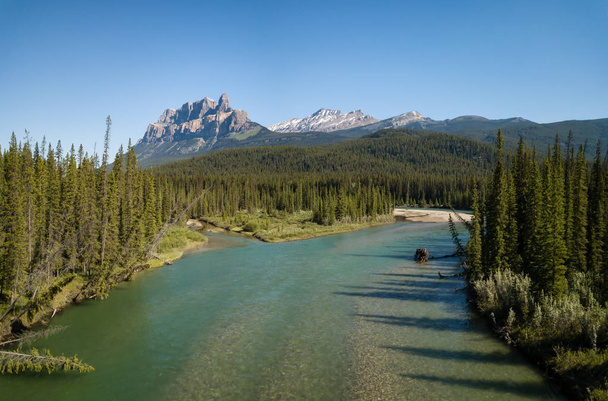 Beautiful aerial panoramic landscape view of Canadian Rockies during a vibrant sunny day. Taken in Banff, Alberta, Canada. - Zdjęcie, obraz