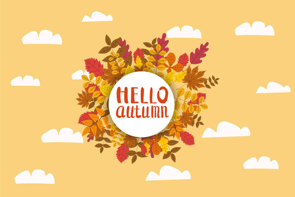 Hello Autumn, background with falling leaves, yellow, orange, brown, fall, lettering, template for poster, banner, vector, isolated - Vektor, kép